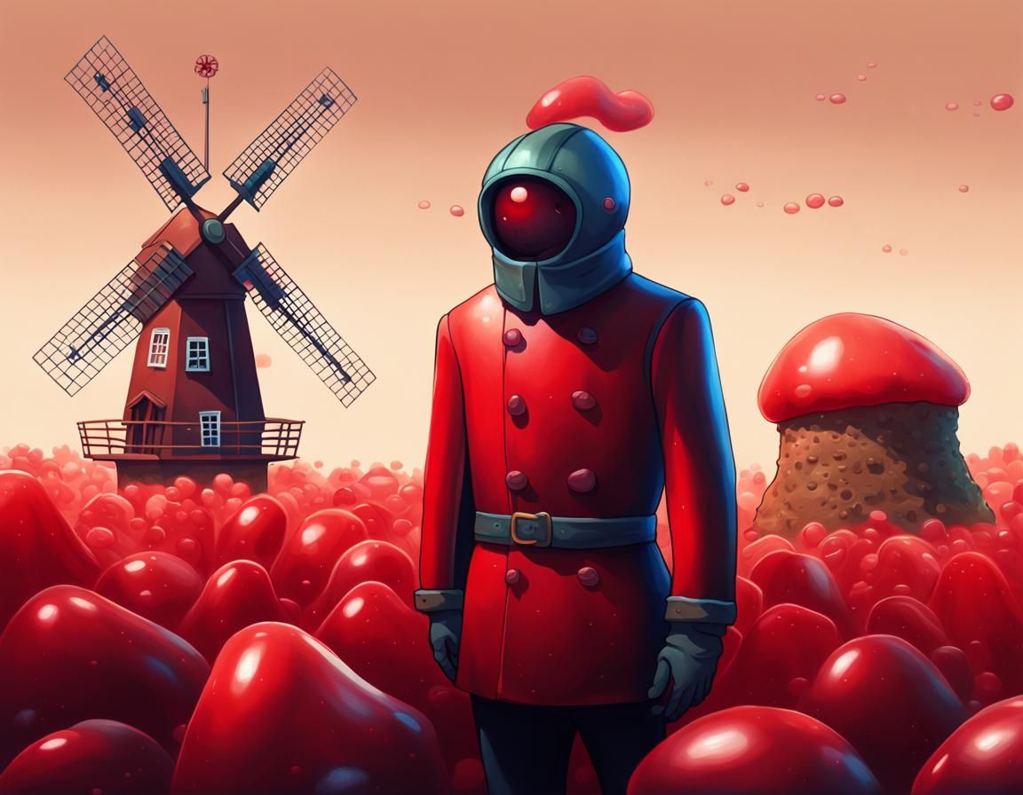 Translucent Red Jelly Creature Guarding Sponge Cake Windmill