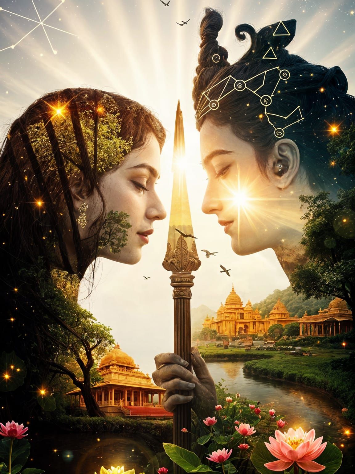 Ethereal Double Exposure Portrait of Divine Lovers