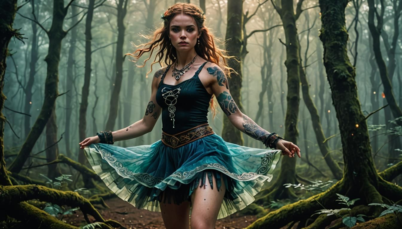 Enchanting Celtic Dancer in Bioluminescent Forest