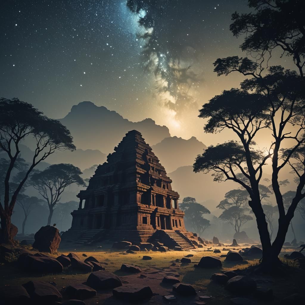 The forgotten temple under a night sky