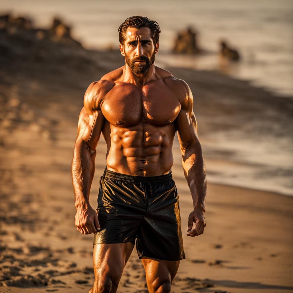 Photorealistic Bodybuilder on Beach at Golden Hour