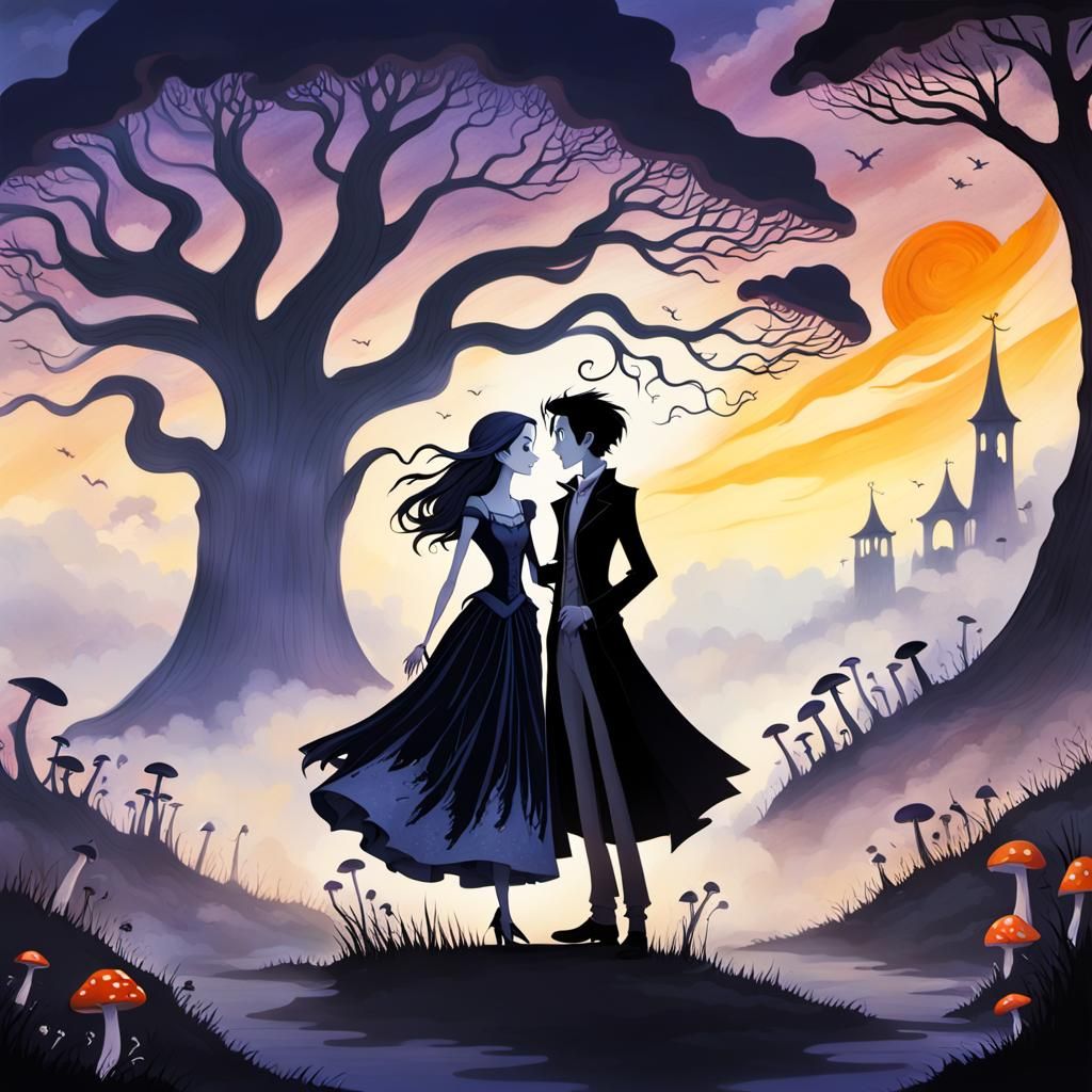Eerie Twilight Realm: Jack and Sally in a Dreamscape