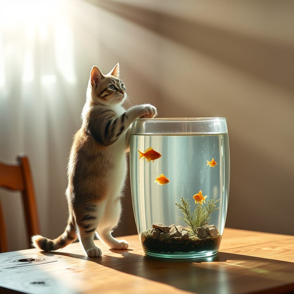 Ethereal Cat Surveys Serene Aquarium Scene