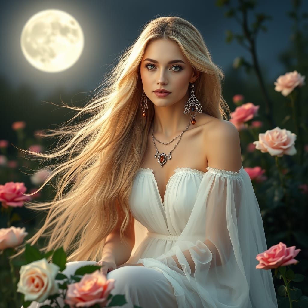 Ethereal Goddess in Moonlit Rose Garden