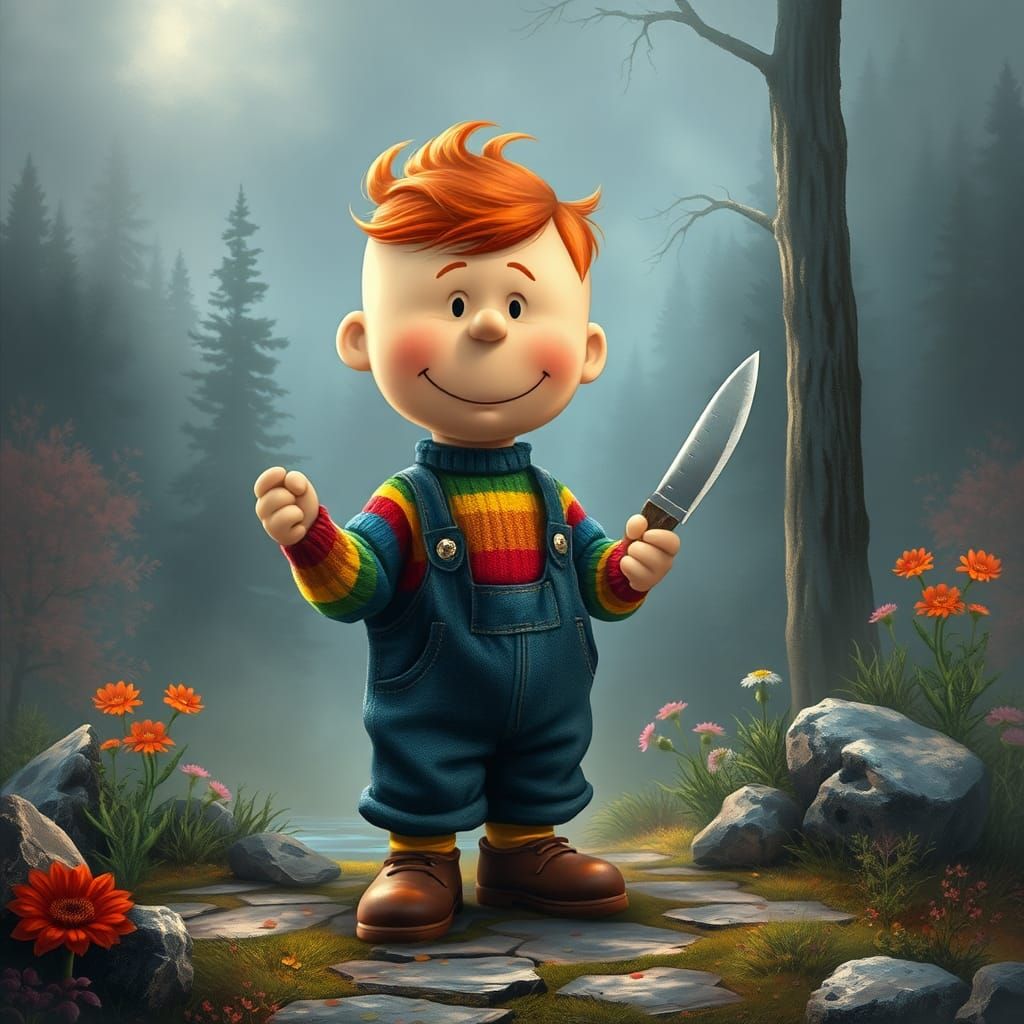 Hyperdetailed Charlie Brown with Knife in Kinkade Style
