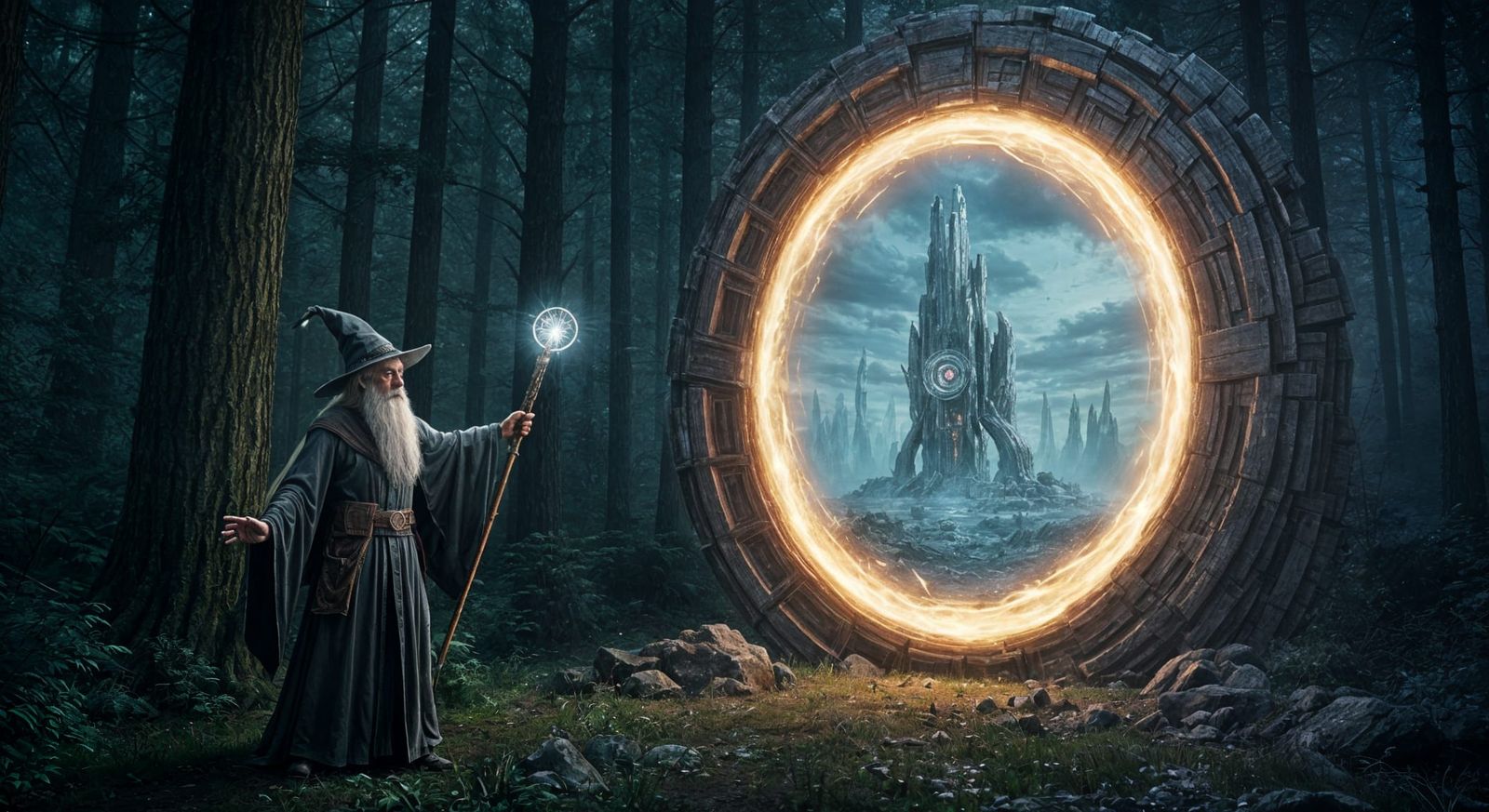 Wizard Summons Portal to Futuristic Realm