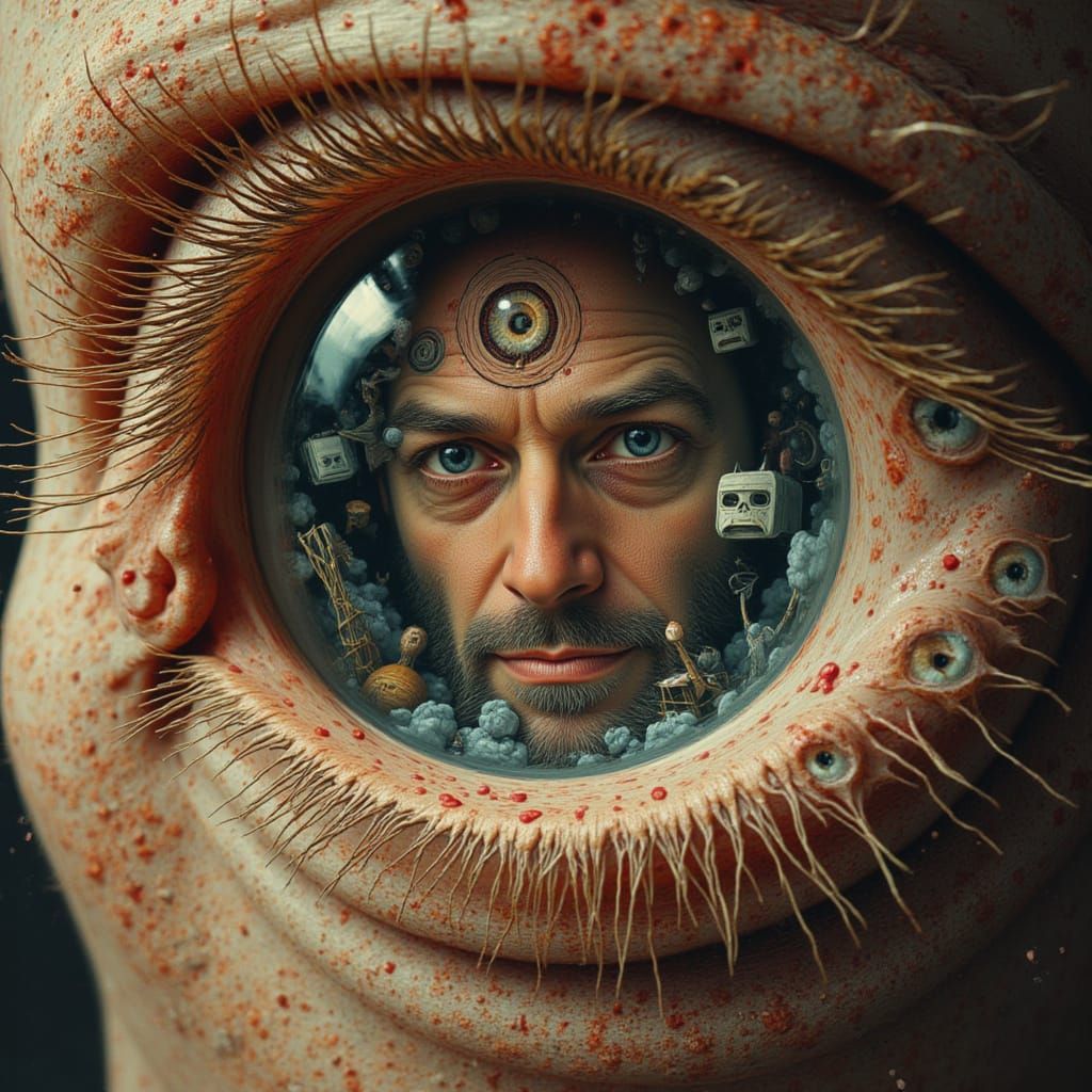 Surreal Fractal Faces Trapped in Eye, Beksiński Style