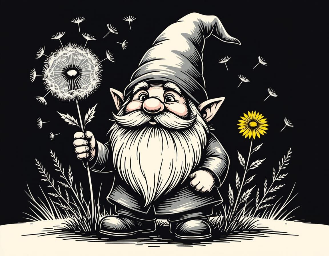 Gothic Gnome with Yellow Dandelion in Monochrome Ink
