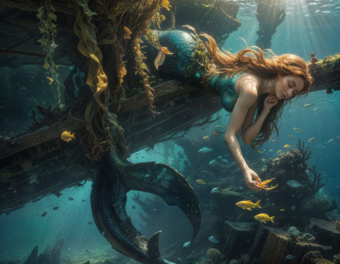 Mermaid on Shipwreck in Golden Light