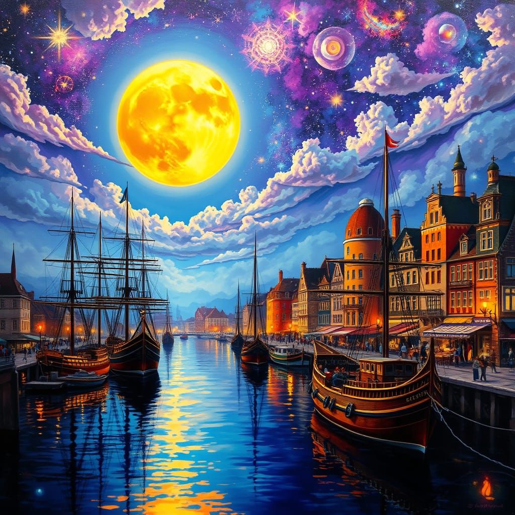 Mystical Harbor Under Golden Solar Moonlight