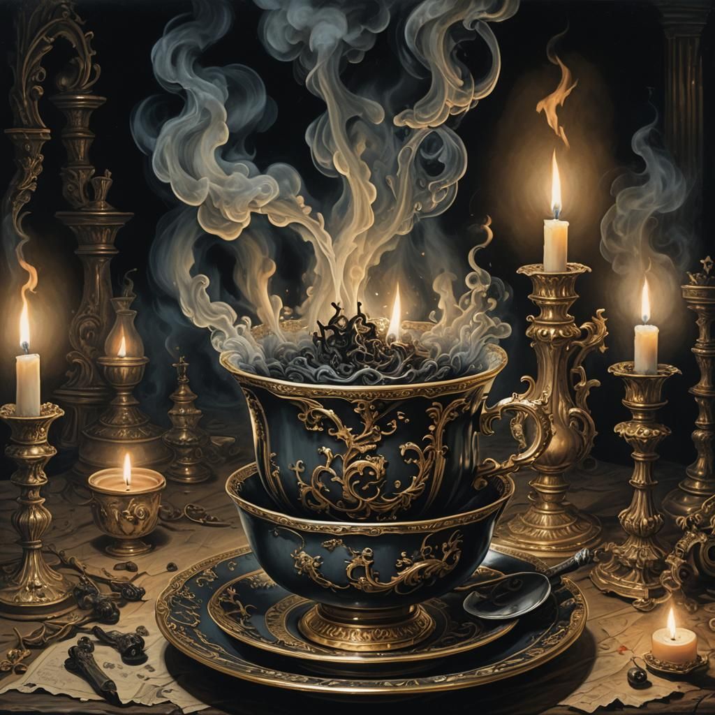 Eerie Life in Teacup: Dark Surrealism in Oil Painting Style