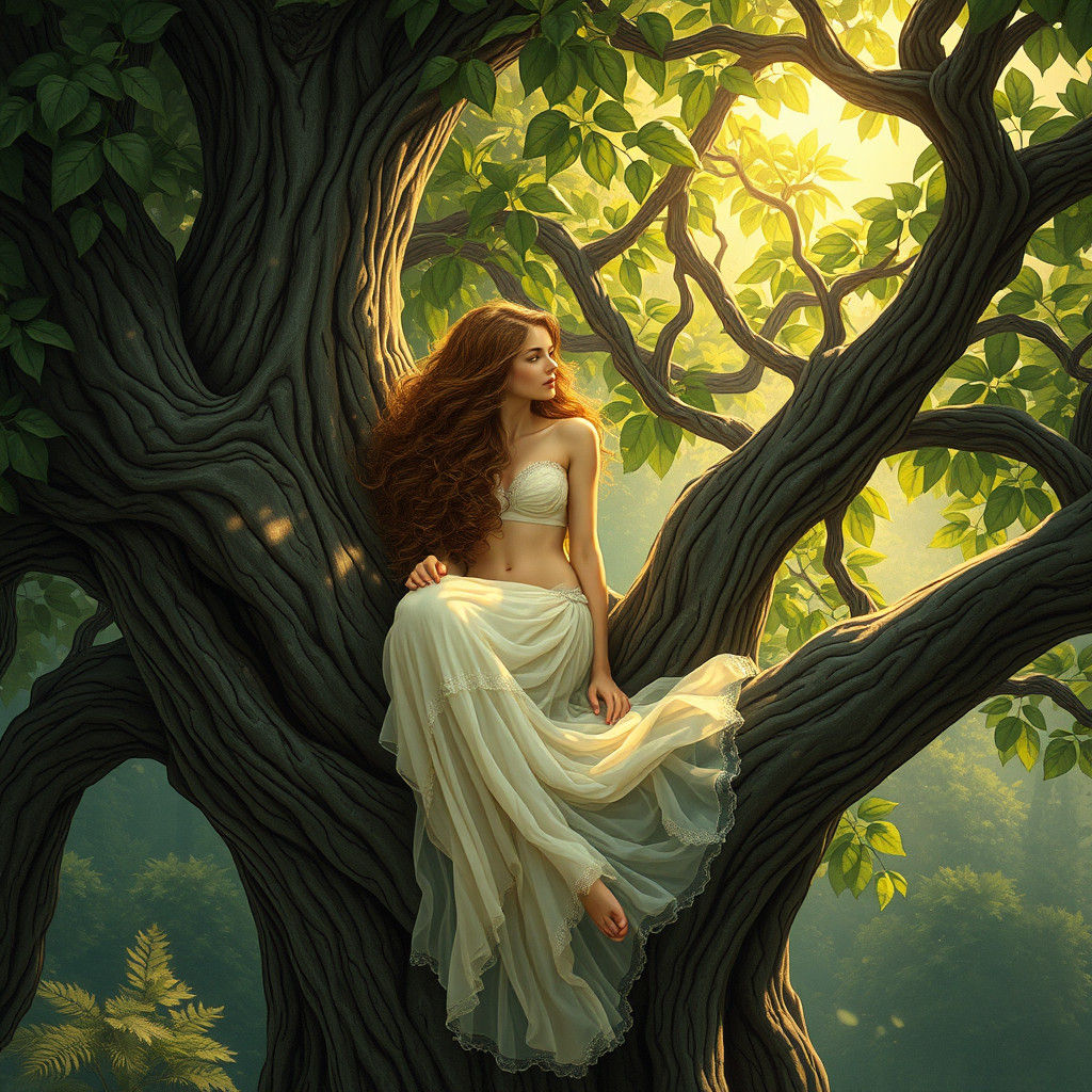 Woman in Tree: Art Nouveau Fantasy