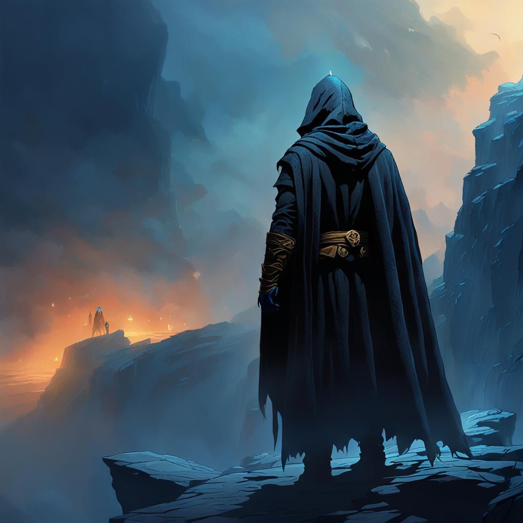 Dark Fantasy Assassin on Misty Cliff