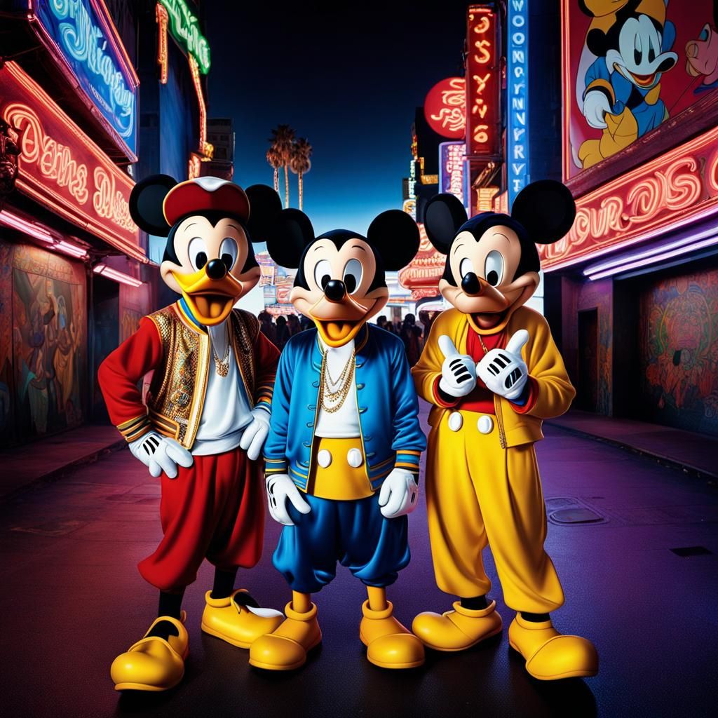 Donald, Mickey, and Goofy as Hyperrealistic Rappers
