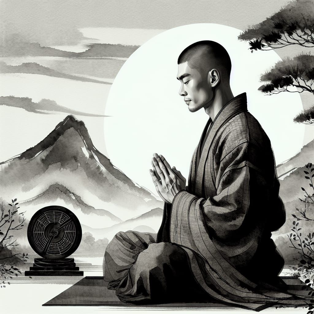 In this contemplative artwork, Bodhidharma sits in profound meditation amid a serene landscape, enveloped in a tranquil ...