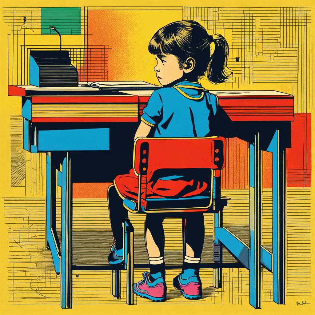 Girl at School Desk in Geometric Pop Art