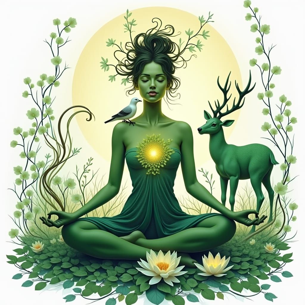 Divine Feminine in Meditative Pose with Greenery