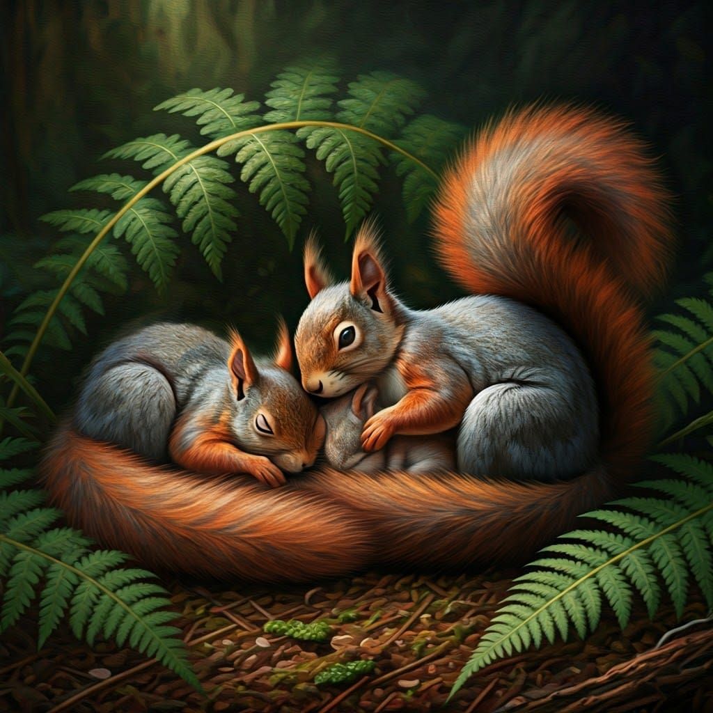 Cozy Family of Squirrels in a Forest Landscape, as Aged Oil....