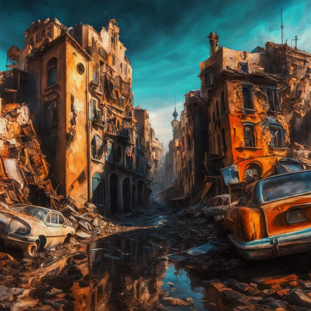 Surreal Earthquake Devastates City in Oil Painting