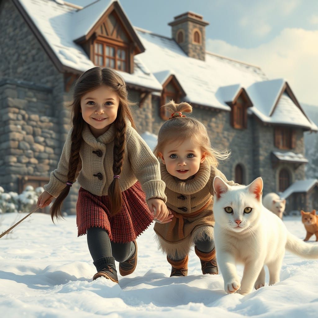 Sisters' Snowy Adventure in a Fantastical Village