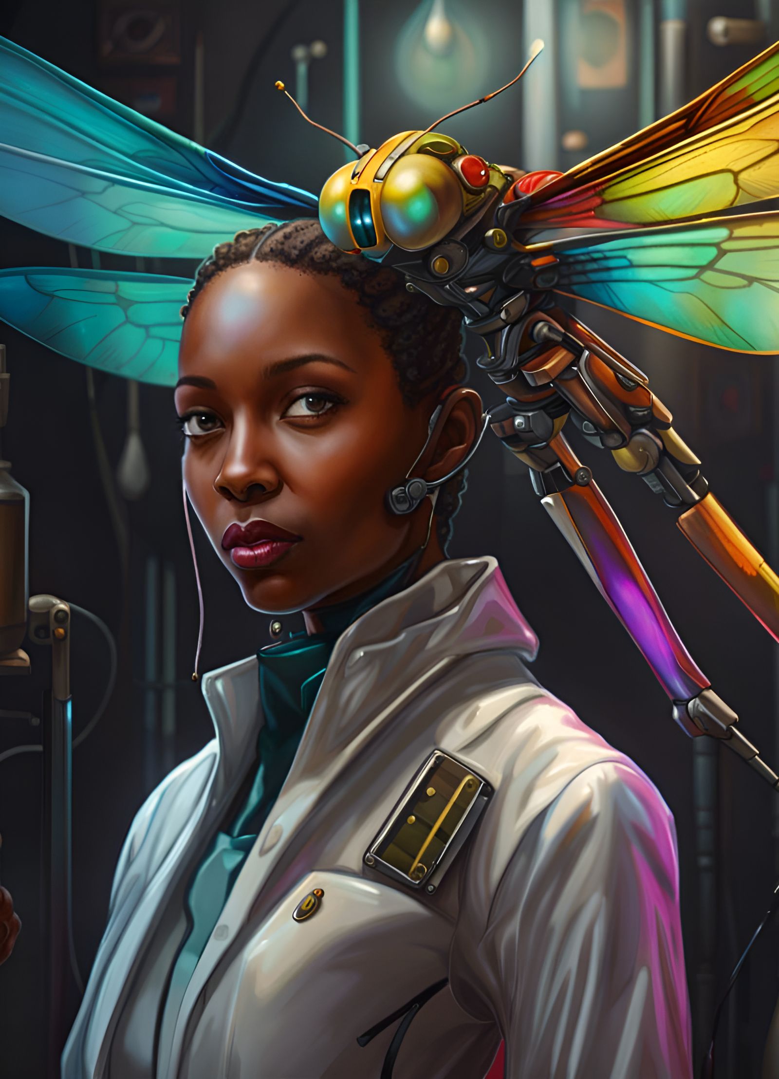 Robotic Dragonfly Lands: Hyperrealistic Sci-Fi Comic Art