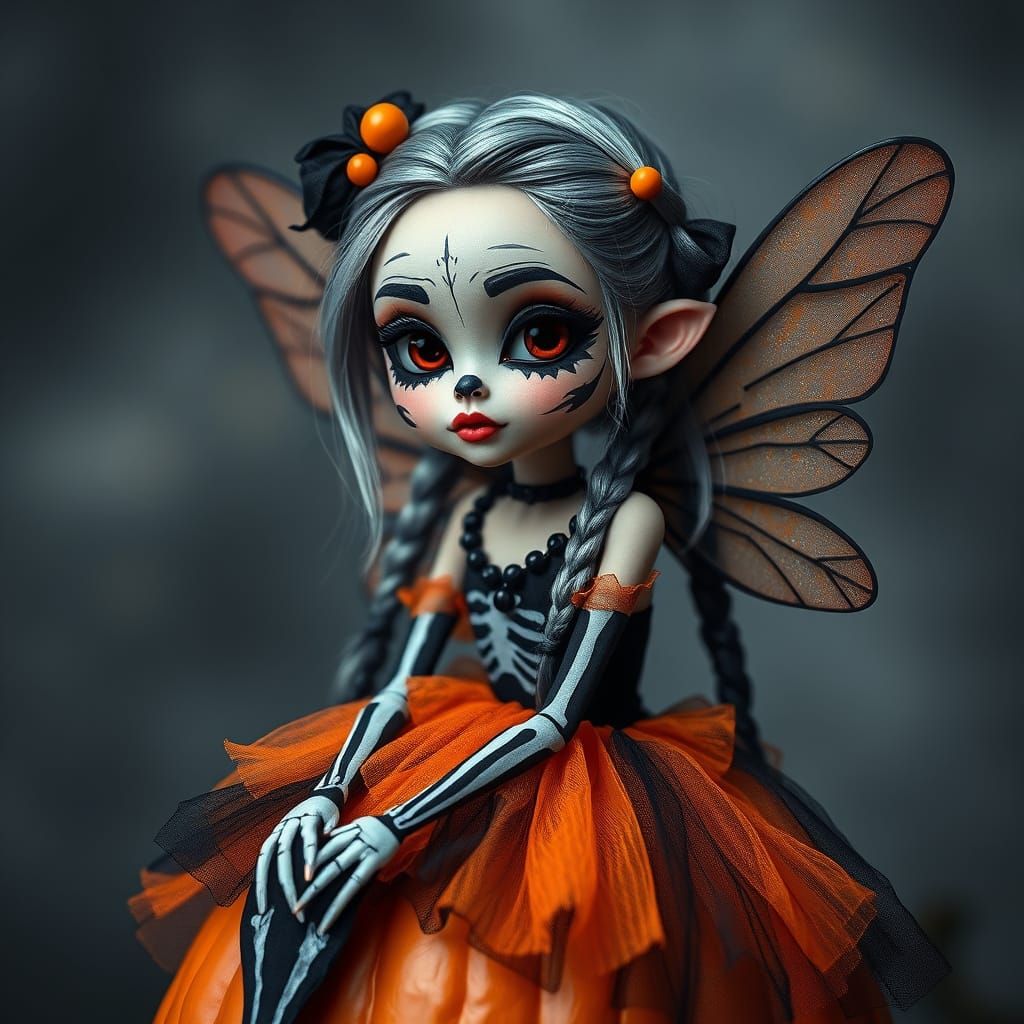 Gothic Fairy on Pumpkin in Neon Noir Style