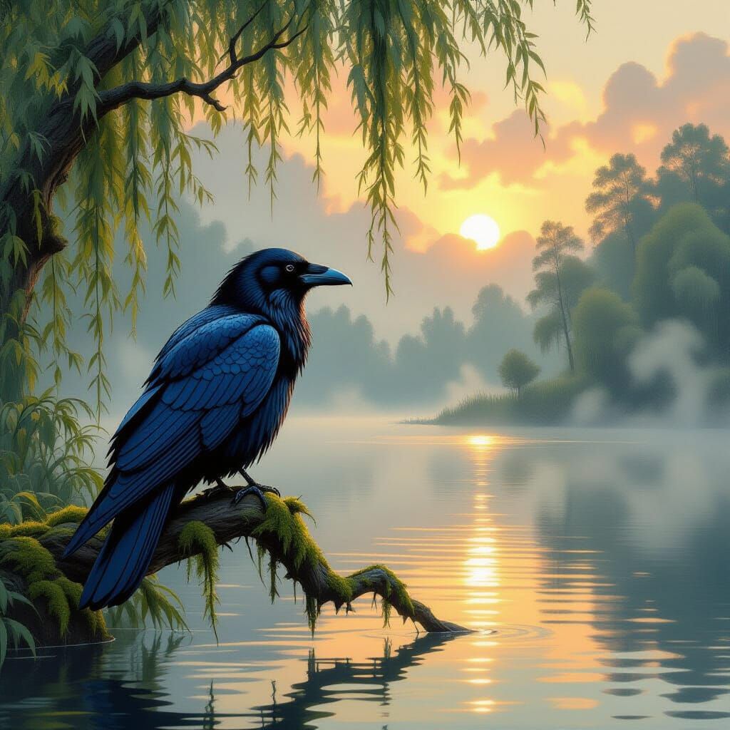 Mystical Raven Overlooking Misty Lake at Dawn