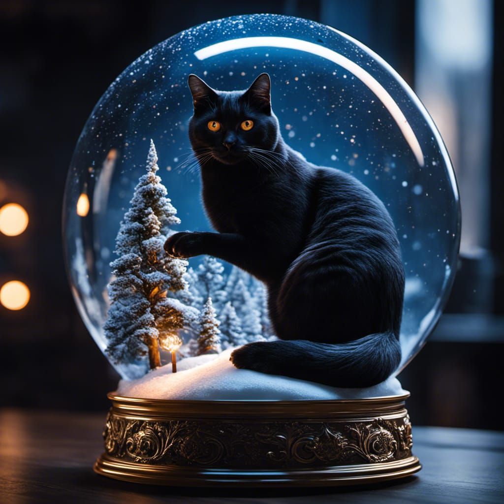 Halloween Cat Inside Snow Globe, Epic Artstation Masterpiece