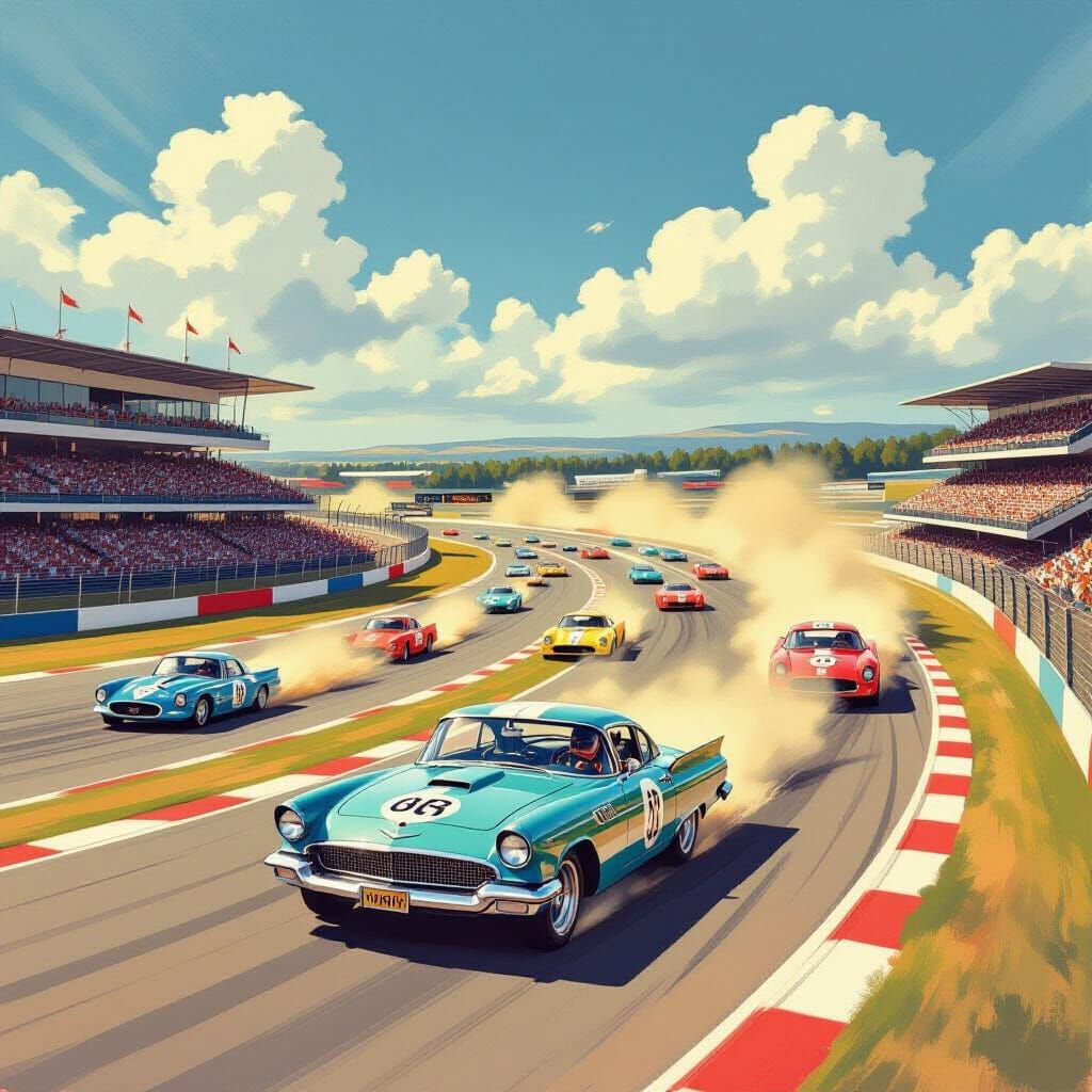 1960s Car Race in Classic Painting Style