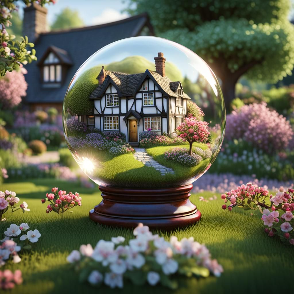 English Cottage in Crystal Ball with Apple Blossoms