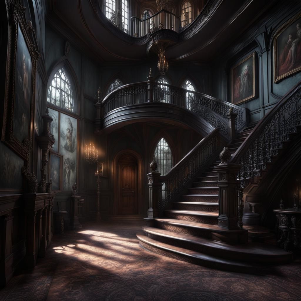 Creepy Gothic Mansion Entrance Hall in Detailed Matte Painti...