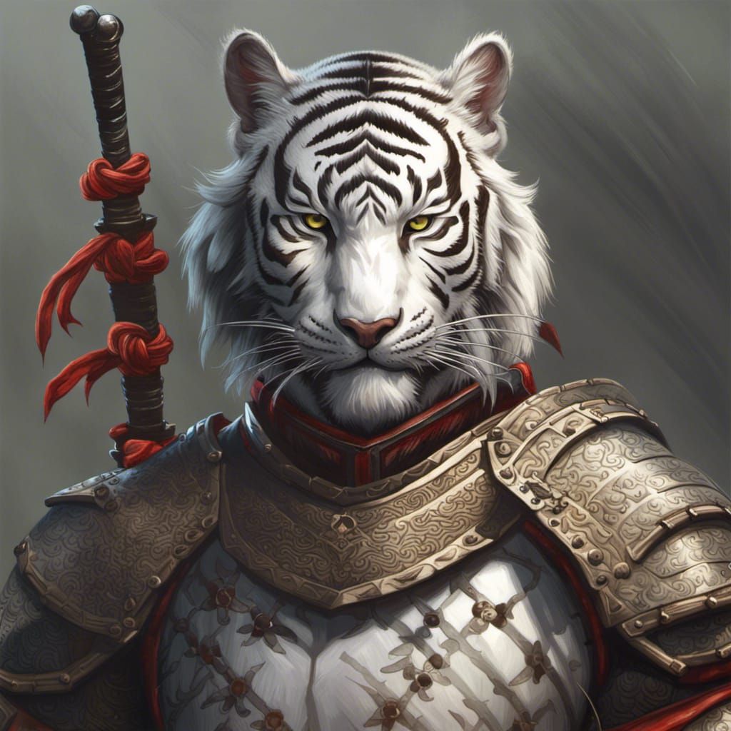 White Tiger Knight in Samurai Armor Oil Painting