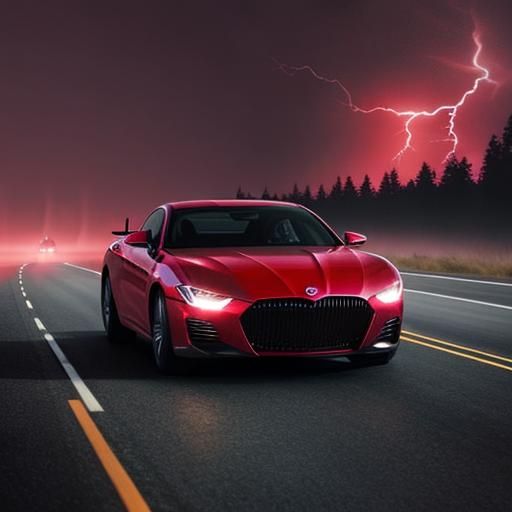 Futuristic Car Driving Through Red Thunderstorm