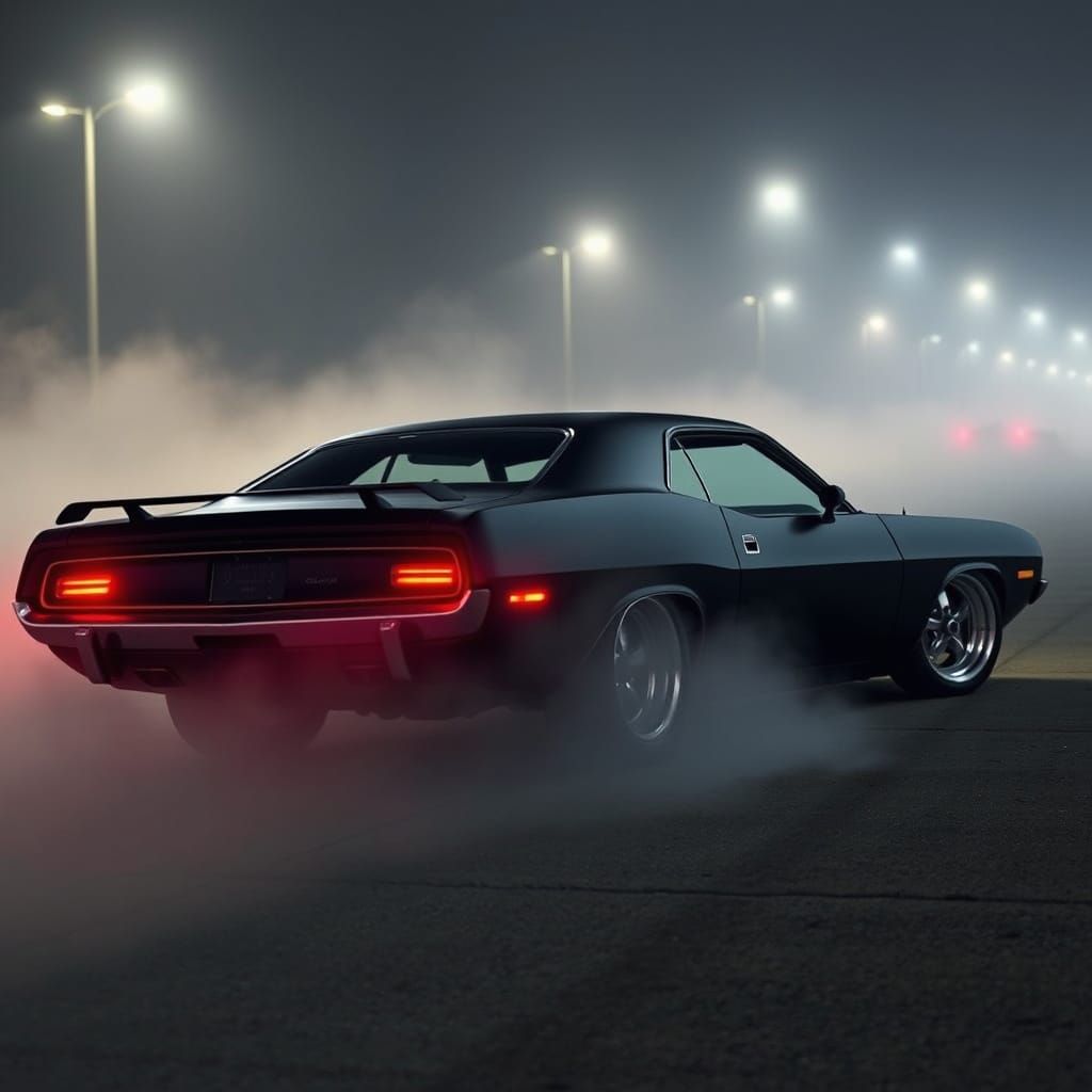 Midnight Muscle Car in Futuristic Desert Landscape