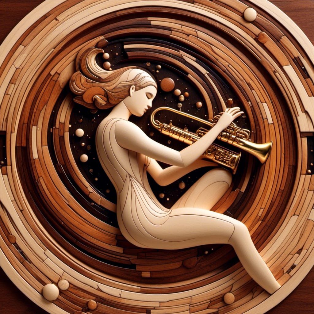 Astronaut Saxophonist in Space as Marquetry Art