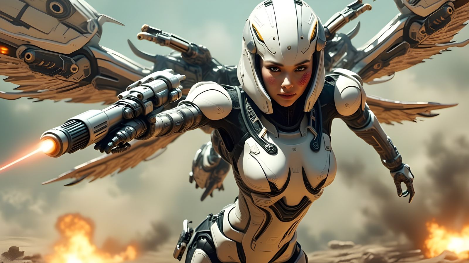 Cyborg Warrior Woman on Sci-Fi Battlefield