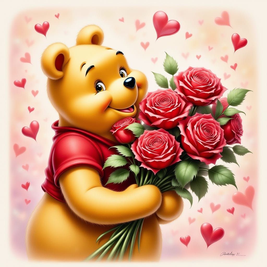 Winnie the Pooh with Roses in Watercolor
