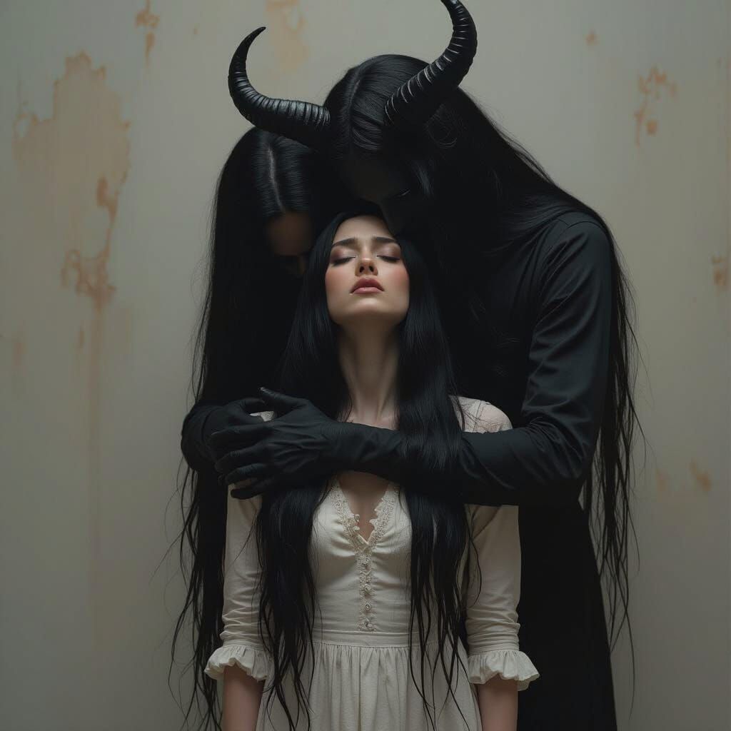 Woman Fainting into Demon Embrace in Cinematic Style