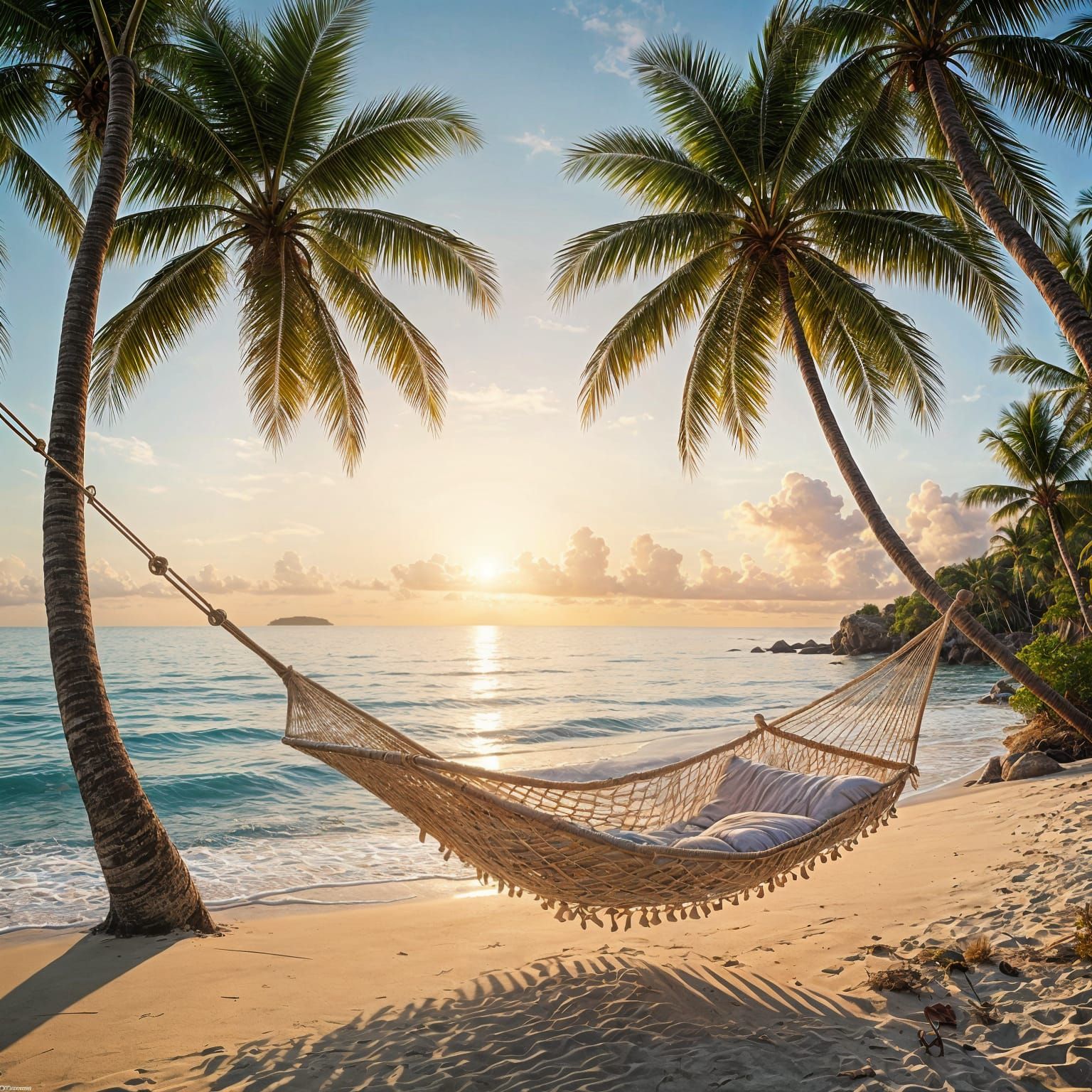 Dreamy Tropical Beach Sunrise in Hyperrealistic Splash Art S...