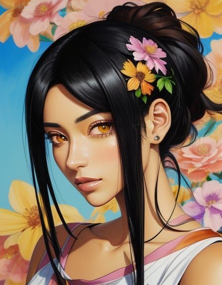 Anime Woman Portrait with Flowers in Oil Paint