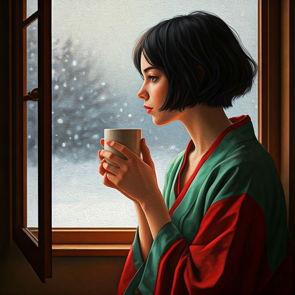 Geisha Gazing at Snowfall: Hyperrealistic Oil Pastel Portrai...