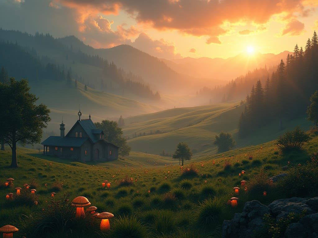 Surreal Farm at Dusk in Detailed Matte Painting Style
