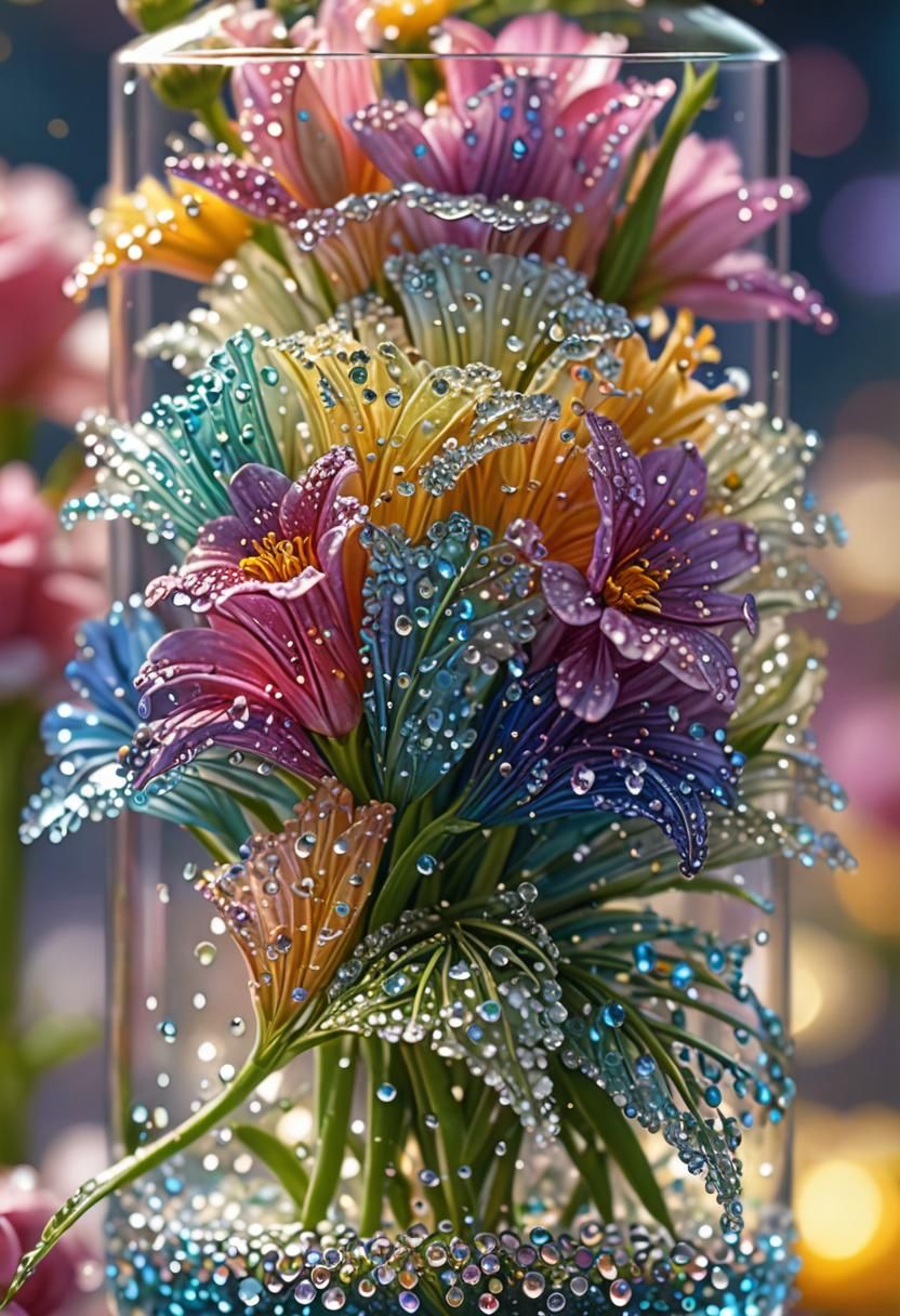 Fresh Flowers Growing in Sparkling Diamond Glass