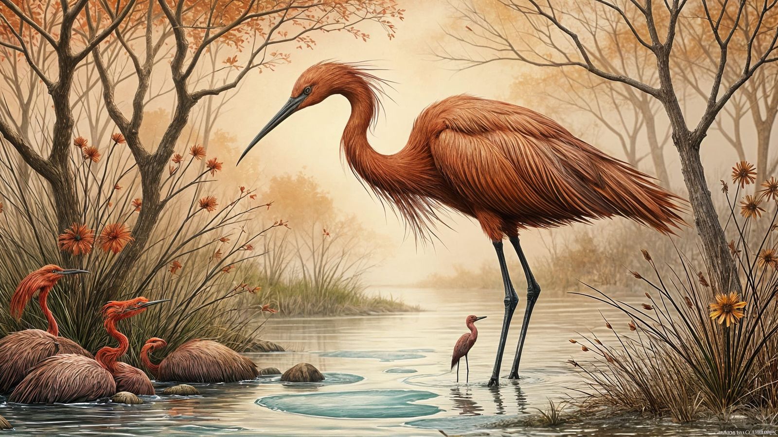 Elegant Reddish Egret in Earth and Charcoal Style