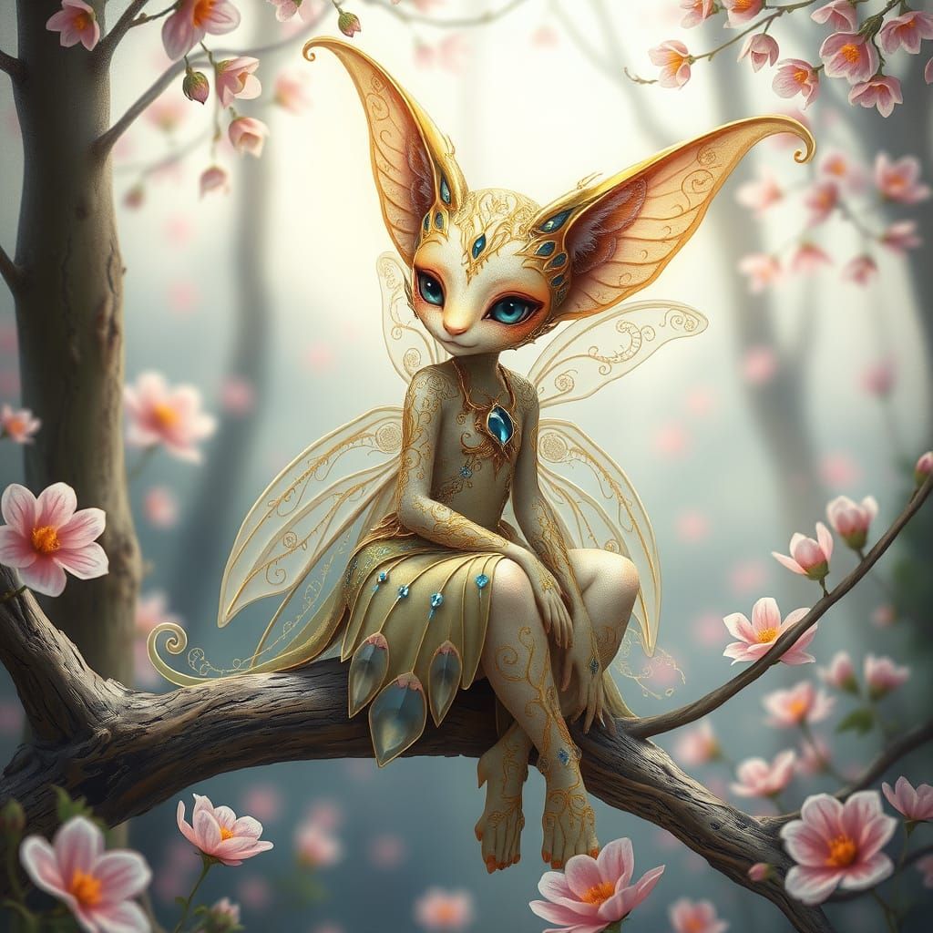 Enchanted Forest Fairy with Golden Skin and Sapphire Details