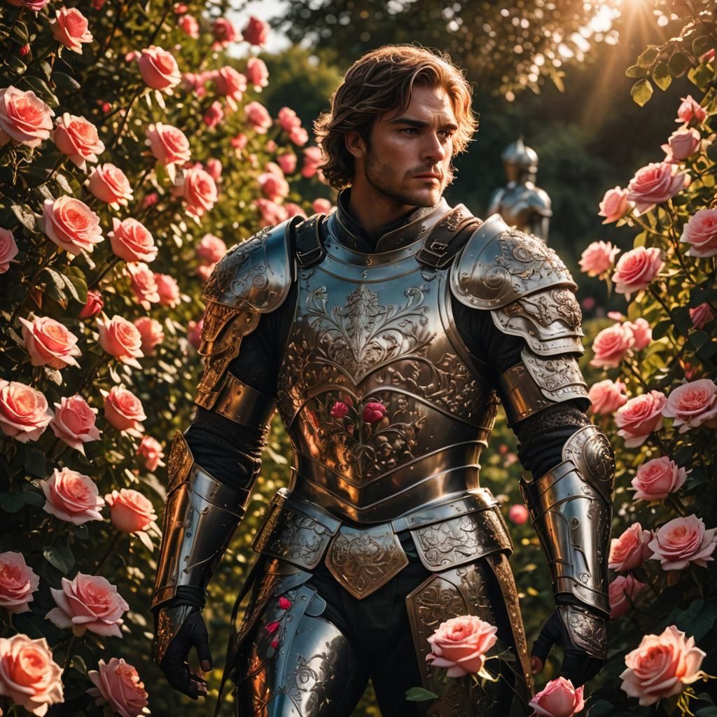 Young Knight in Rose Garden at Golden Hour