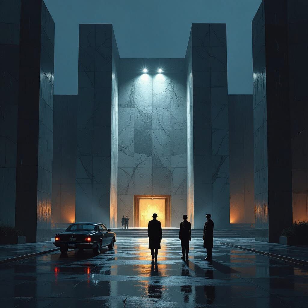 Major Arrives at Imposing Brutalist Building at Night