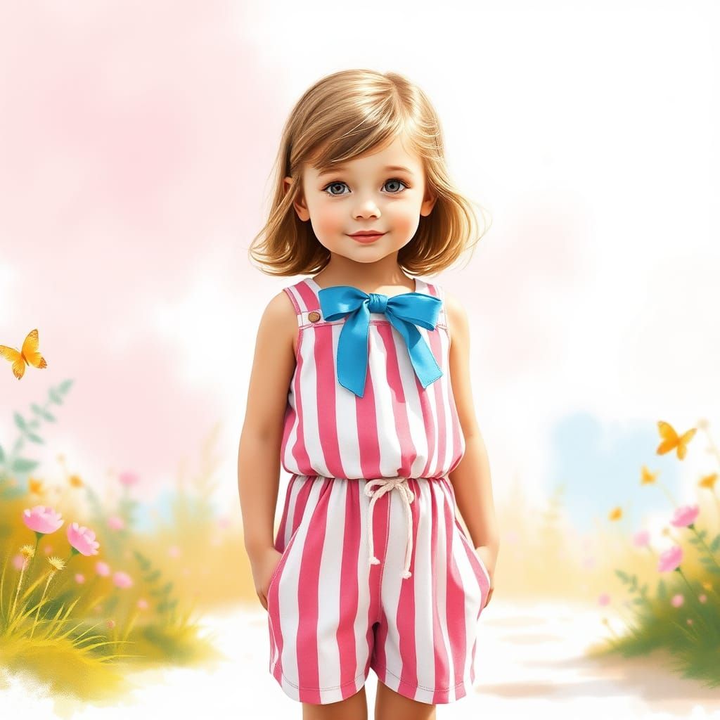 Girl in Pastel Romper, Watercolor Illustration Style