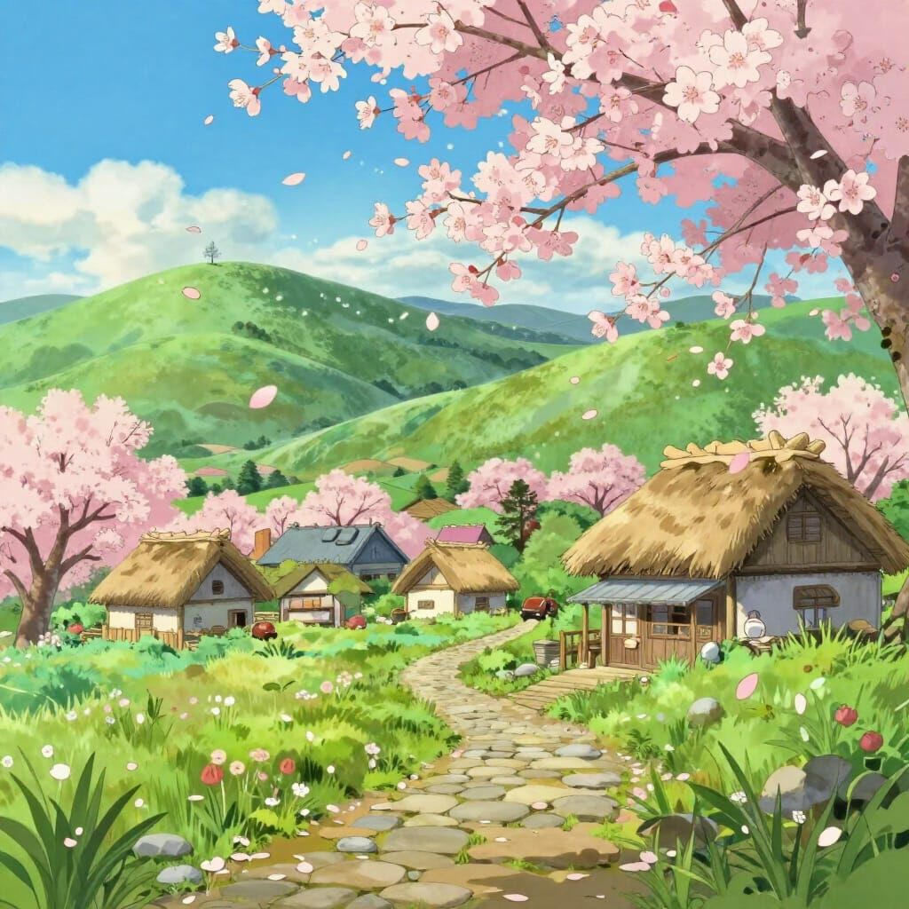 Whimsical Anime Village Serenity in Ghibli Style