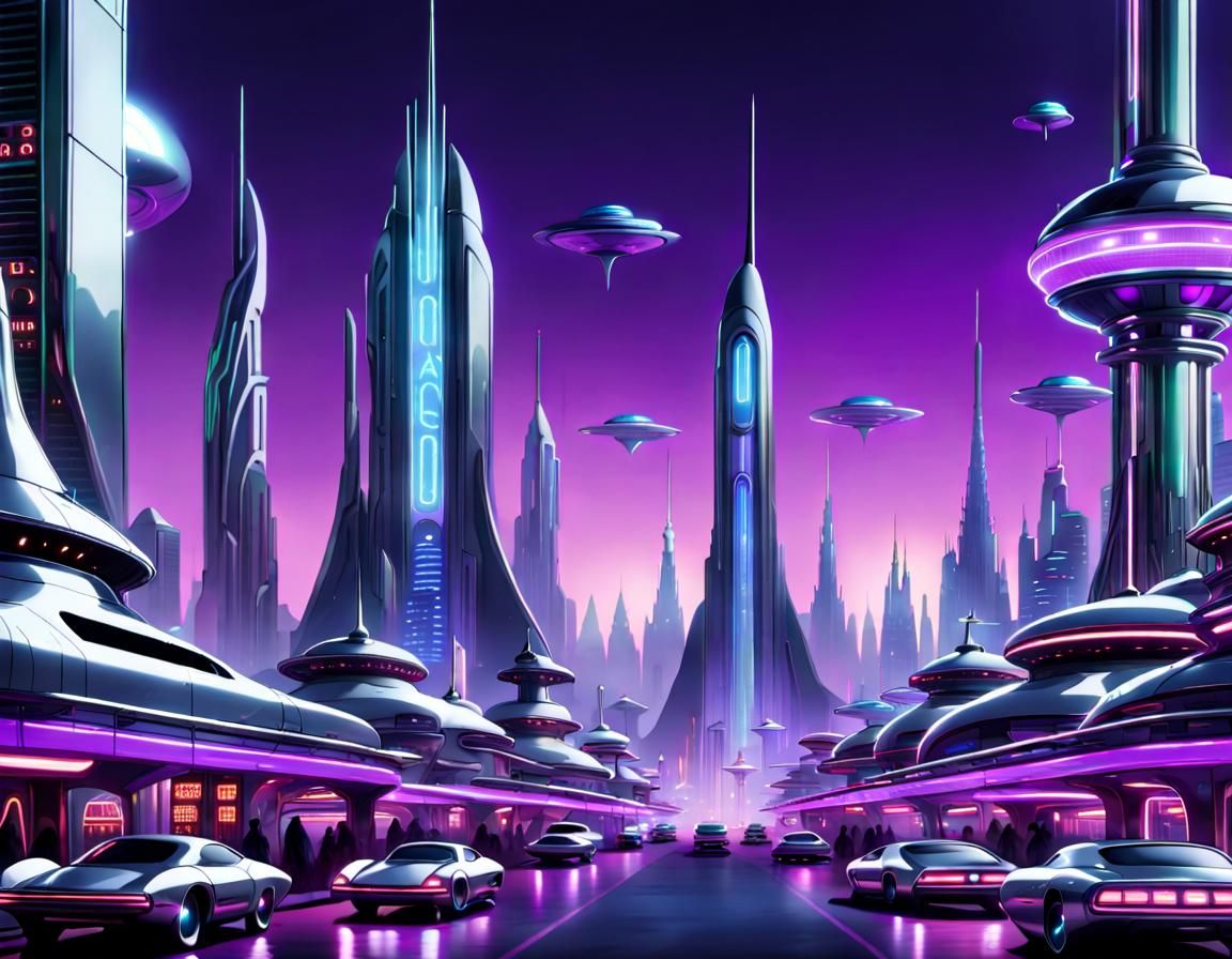 Surreal Futuristic Metropolis Unveiled with Violet Neon Ligh...
